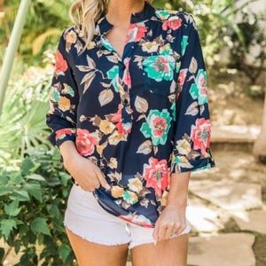 Floral 3/4 Sleeve Colorful Blue Blouse Button Up